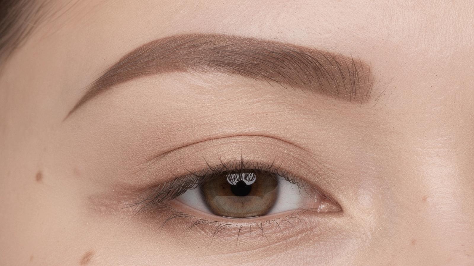 Healed brow result six weeks after the touch-up session in studio light