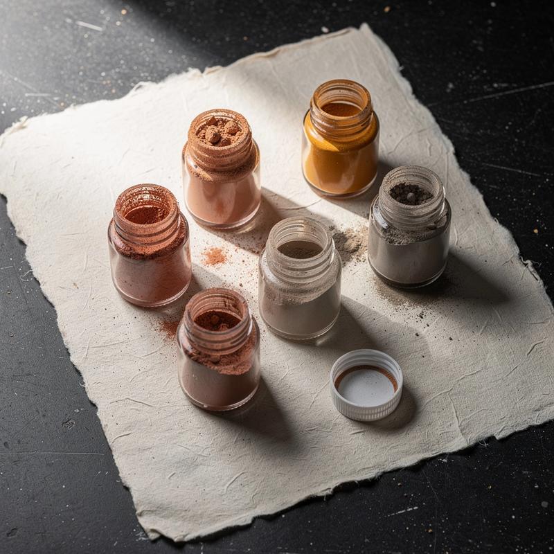 Pigment bottles arranged on a sheet of paper on the studio table.